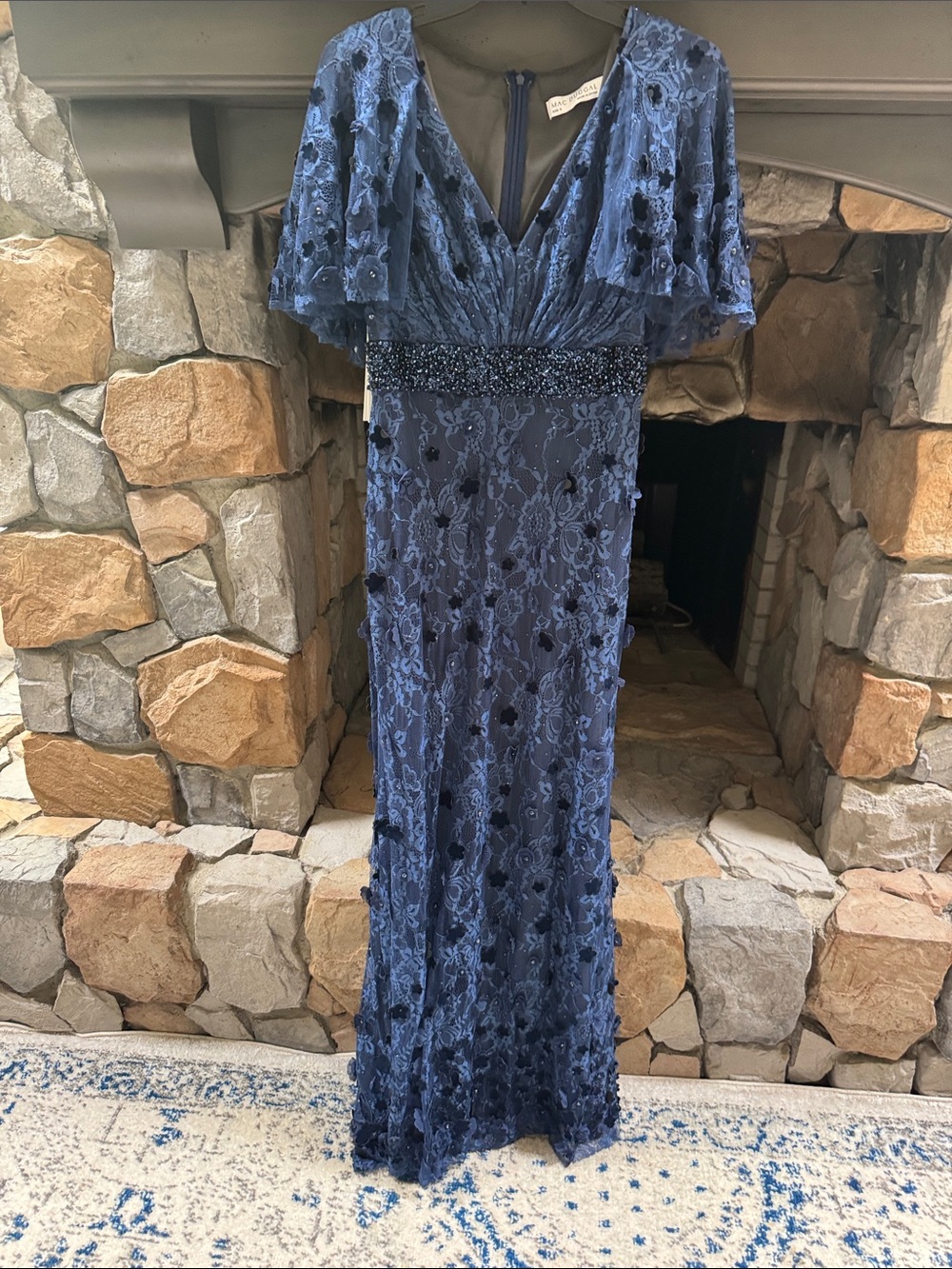 Elegant Navy Blue Lace Evening Gown with Beaded Waist